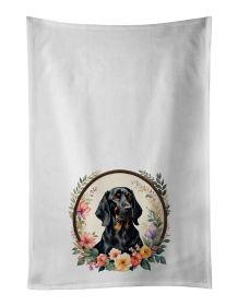 Black and Tan Coonhound and Flowers Kitchen Towel Set of 2 White Dish Towels Decorative Bathroom Hand towel for Hand, Face, Hair, Yoga, Tea, Dish