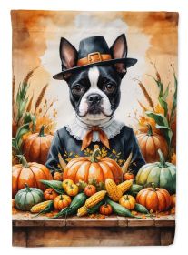 Boston Terrier Thanksgiving House Flag Large Porch Sleeve Pole Decorative Outside Yard Banner Artwork Wall Hanging, Polyester, House Size, Multic