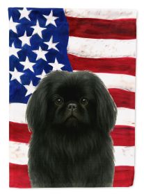 Black Pekingese American Flag House Flag Large Porch Sleeve Pole Decorative Outside Yard Banner Artwork Wall Hanging, Polyester, House Size