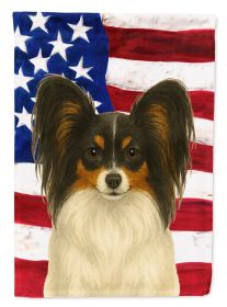 White with Black and Tan Papillon American Flag House Flag Large Porch Sleeve Pole Decorative Outside Yard Banner Artwork Wall Hanging, Polyester